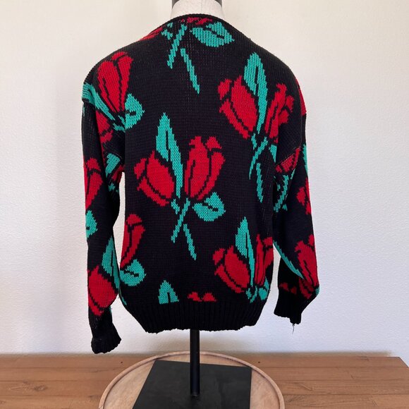 80's Pullover Sweater - Black with Red Roses - Size Medium - Picture 3 of 6